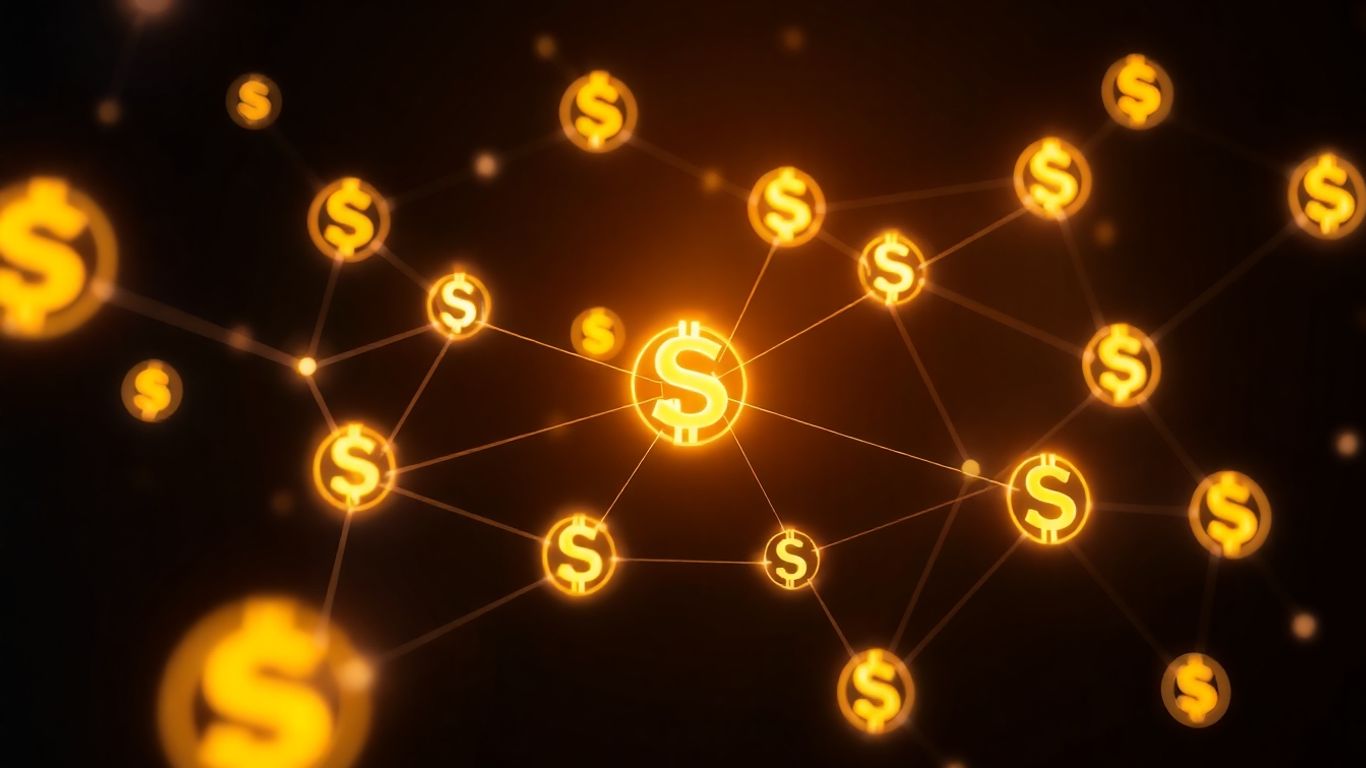 Interconnected digital currency icons with light trails.