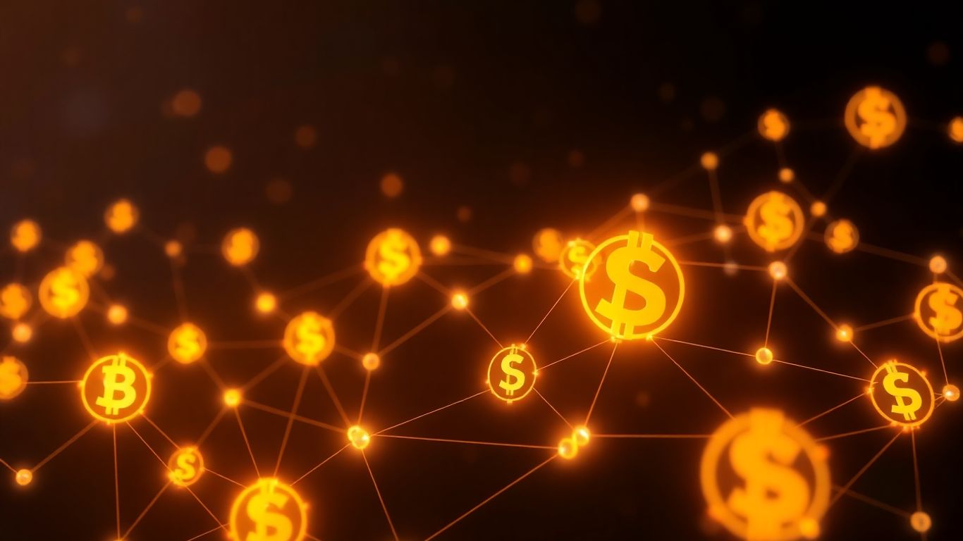 Glowing digital currency tokens interconnected in a network.