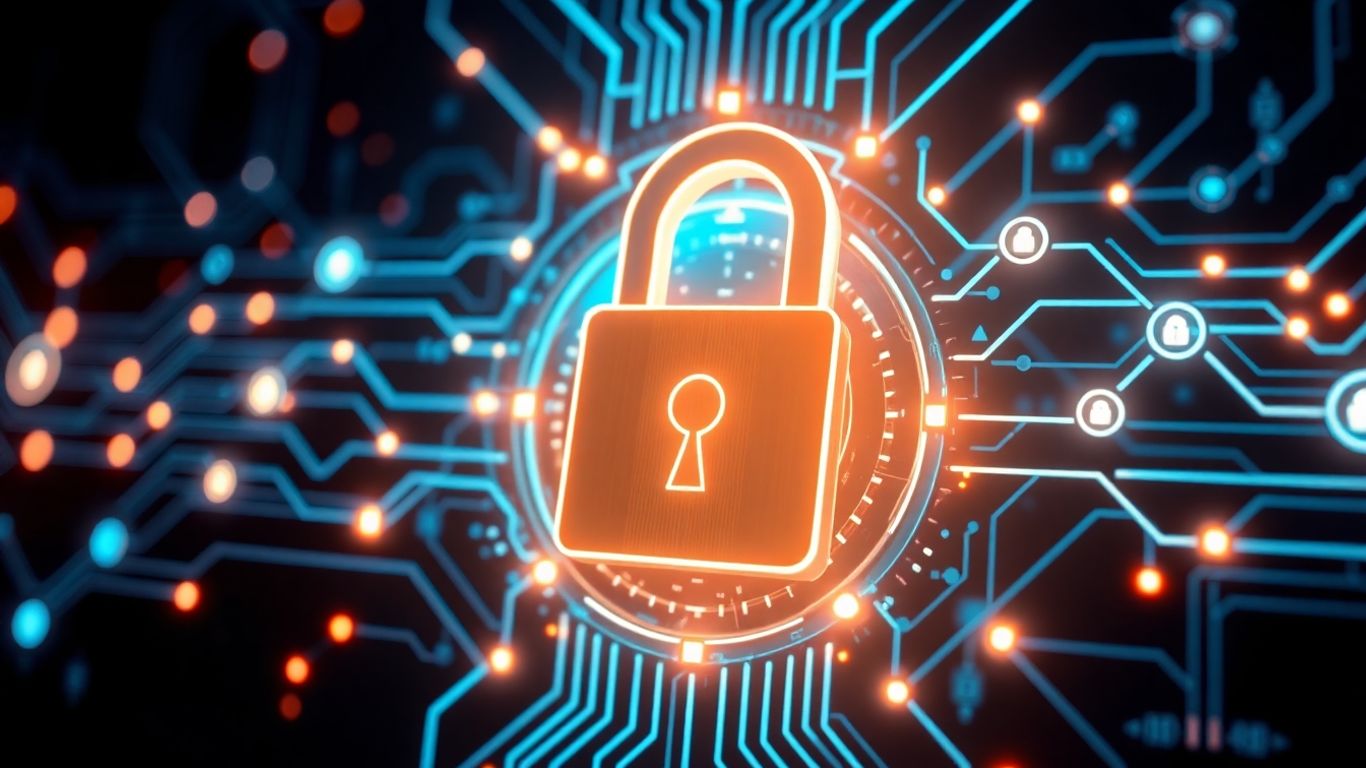 Digital lock with glowing circuits and interconnected nodes.