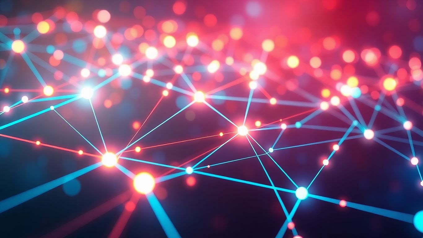 Digital network with glowing interconnected nodes and abstract shapes.