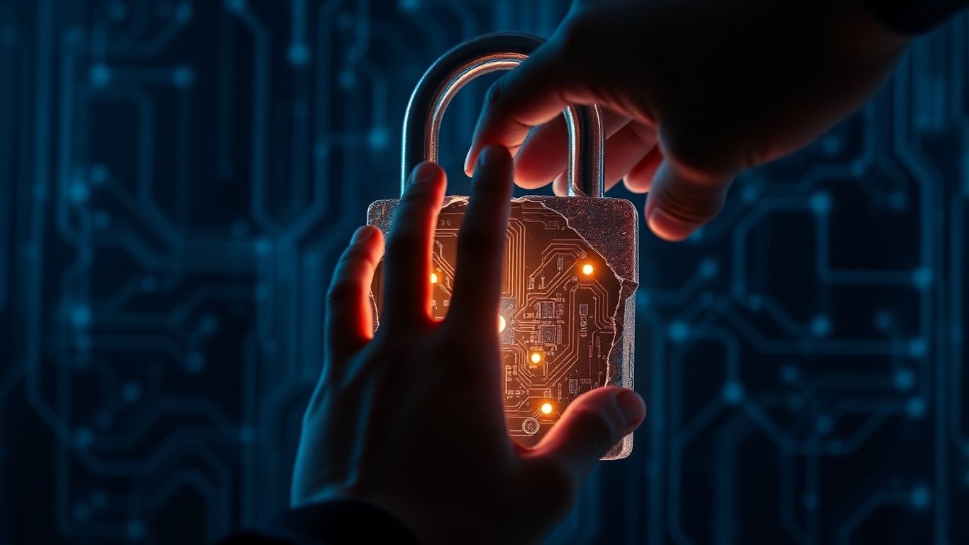 Cracked digital lock with a hand reaching inside.
