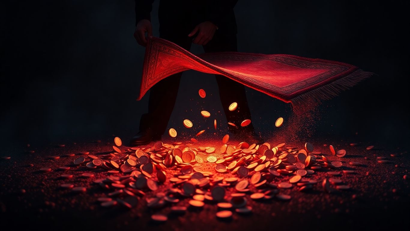 Digital coins falling as a rug is pulled away.