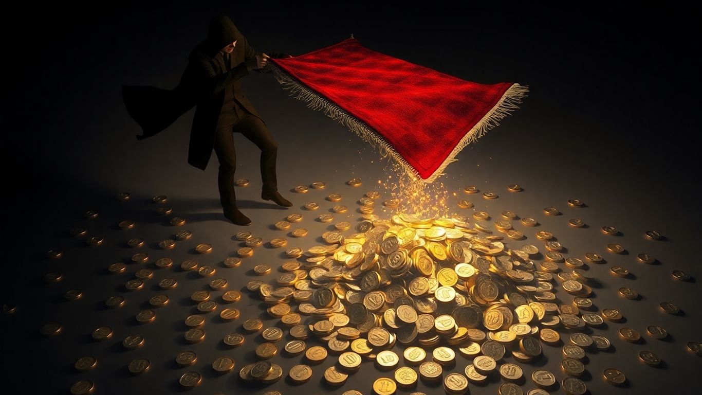 Digital coins falling as a rug is pulled away.