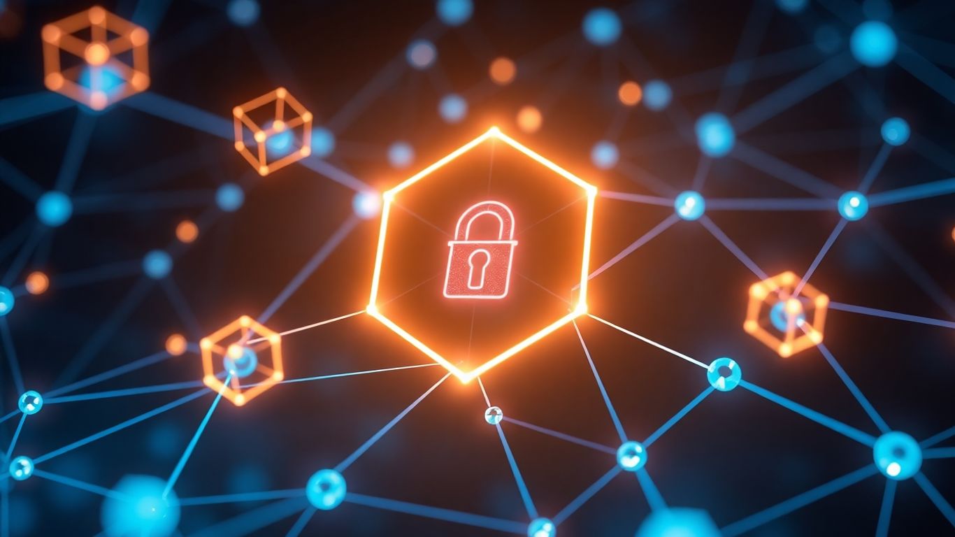 Secure digital network with glowing nodes and abstract shapes.