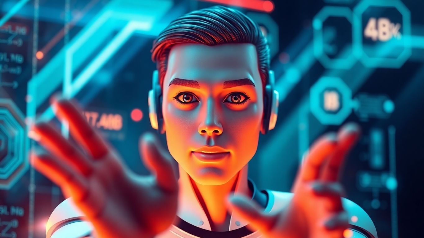AI avatar interacting dynamically in a futuristic digital interface.