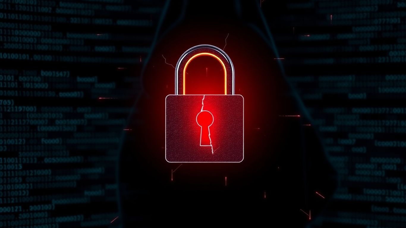 Digital lock with crack, shadowy figure, abstract code patterns.