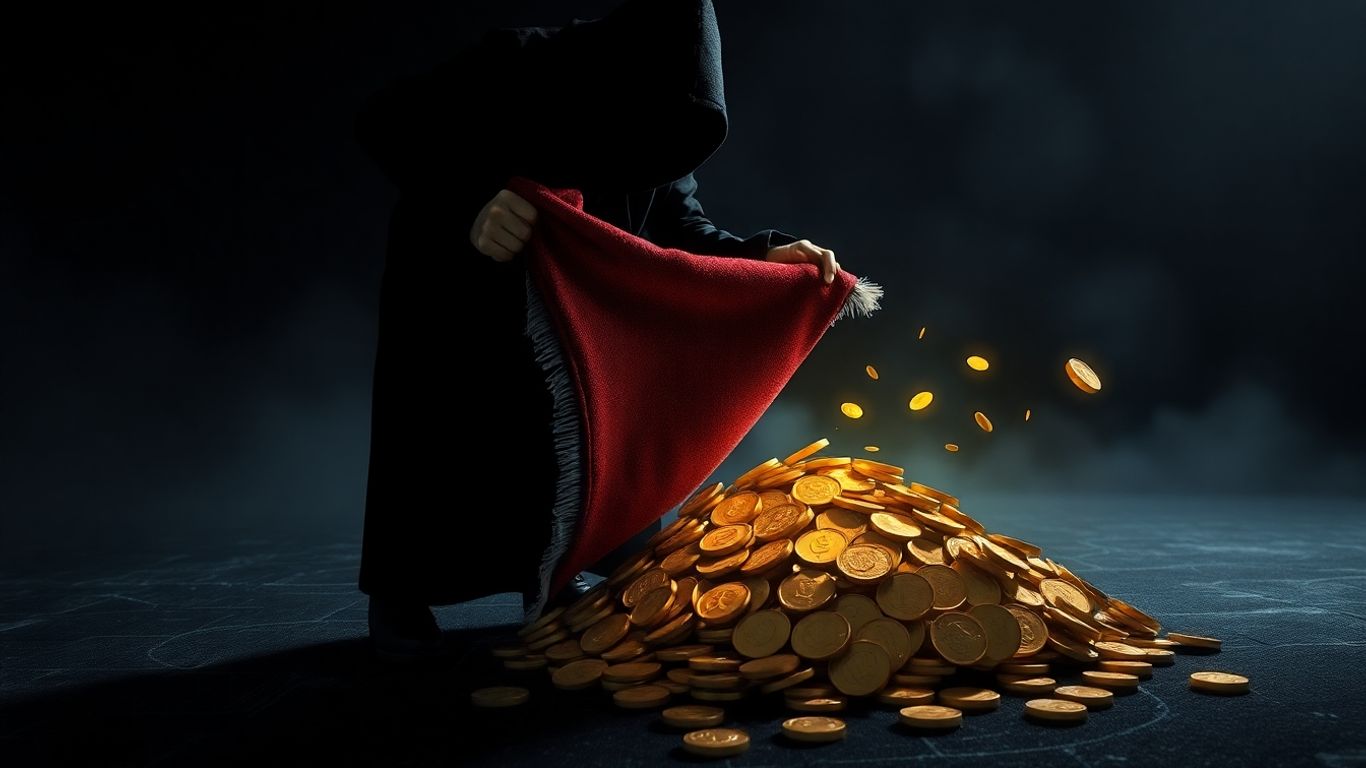 Digital coins scattering as a rug is pulled away.