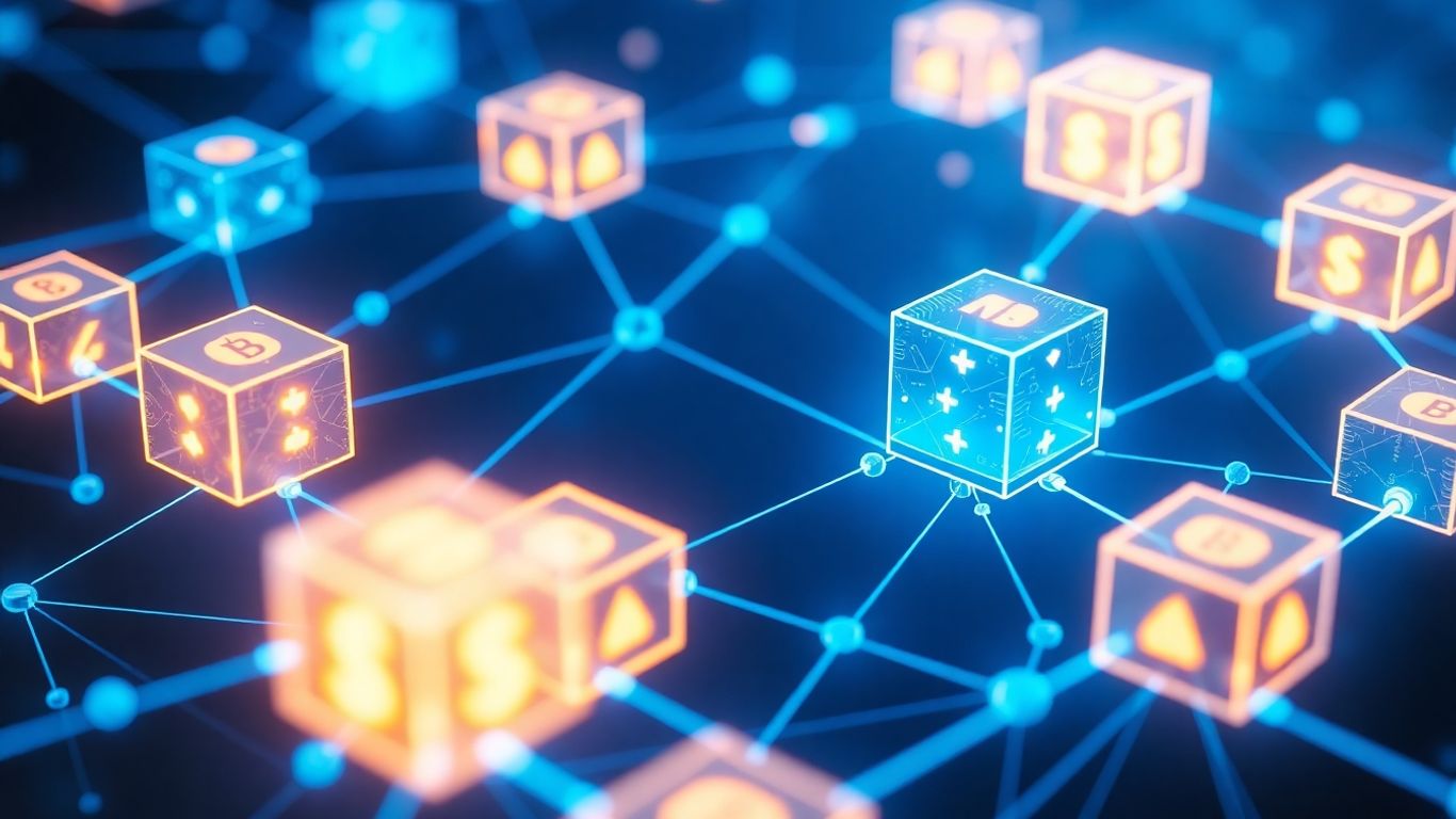 Interconnected digital blocks with glowing blue light.