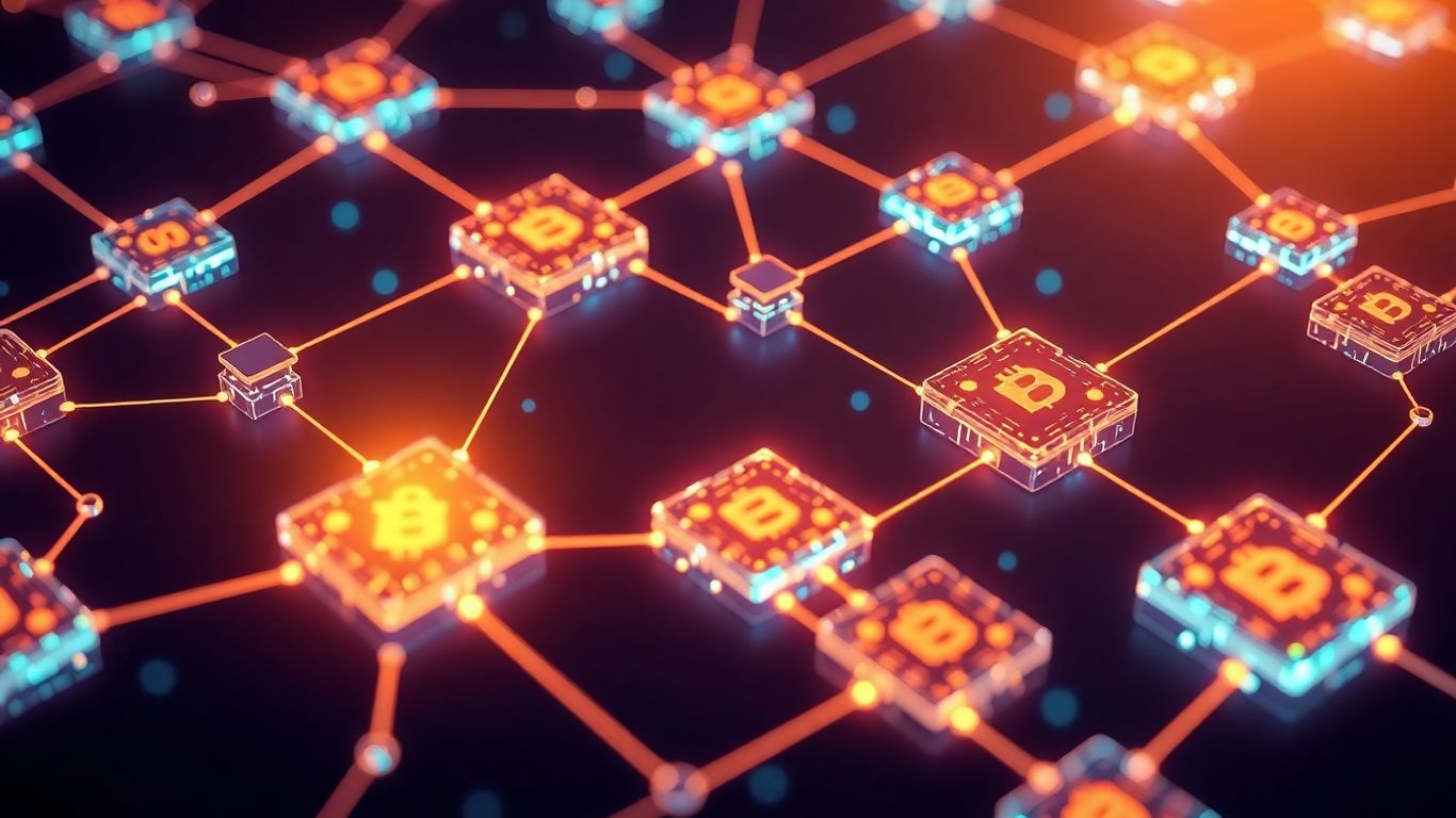 Interconnected digital blocks forming a secure financial network.