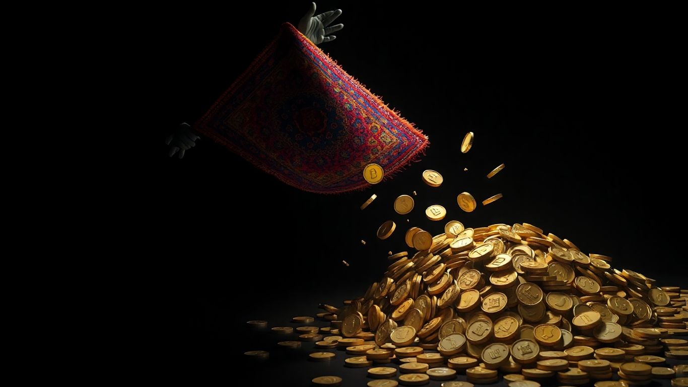 Digital coins falling as a rug is pulled away.