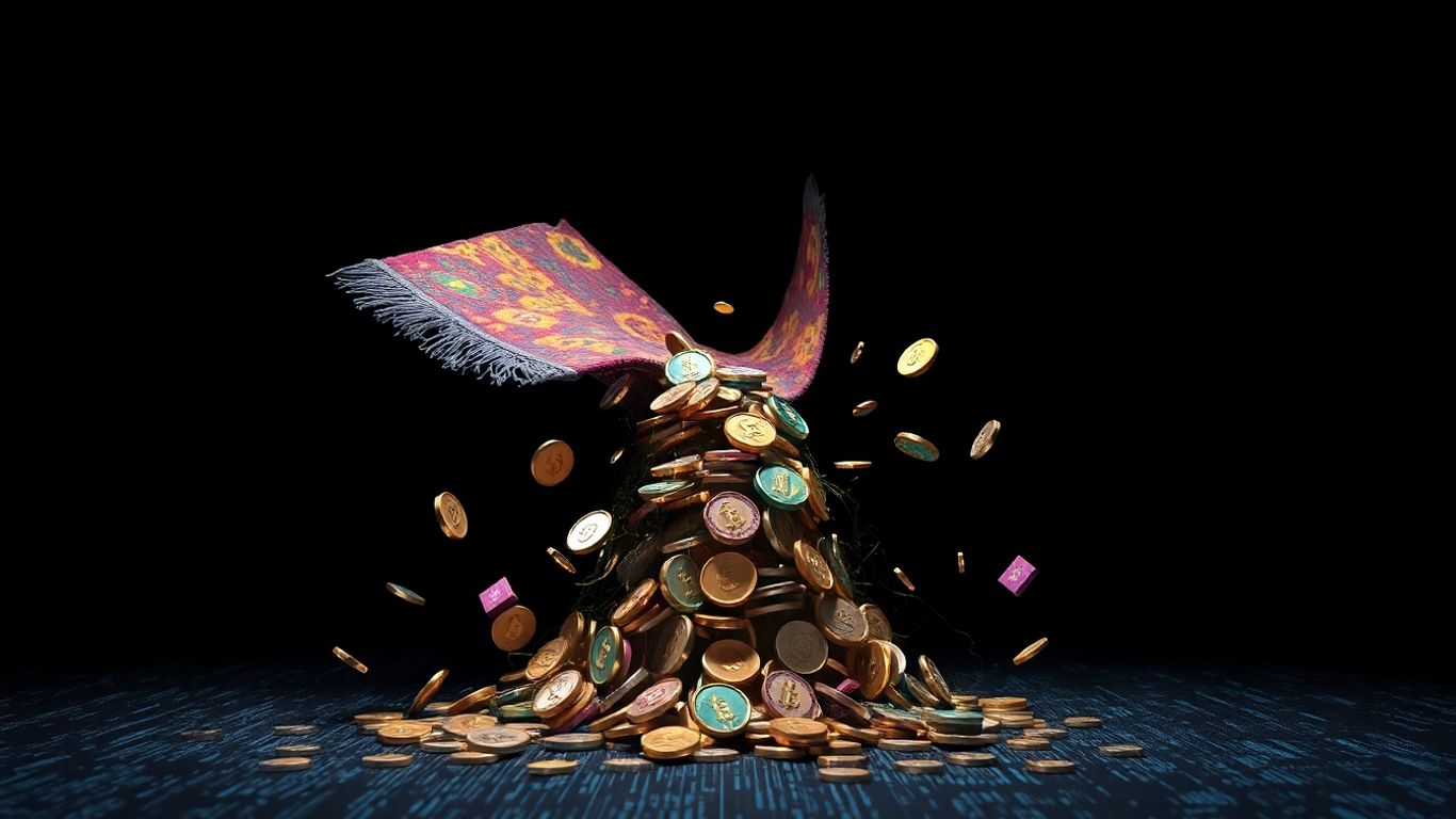 Digital coins and NFT art falling as a rug is pulled.