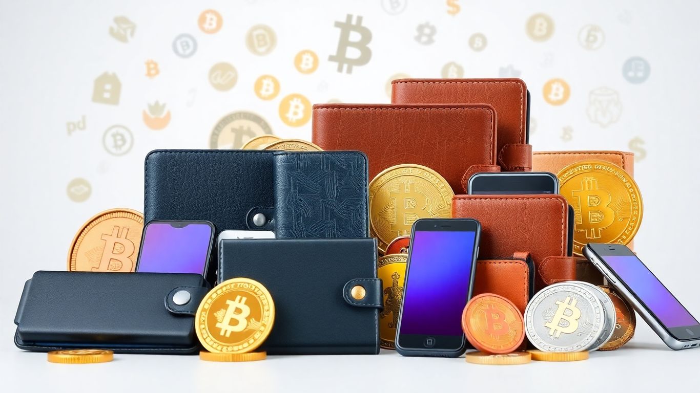 Digital crypto wallets and cryptocurrency icons.