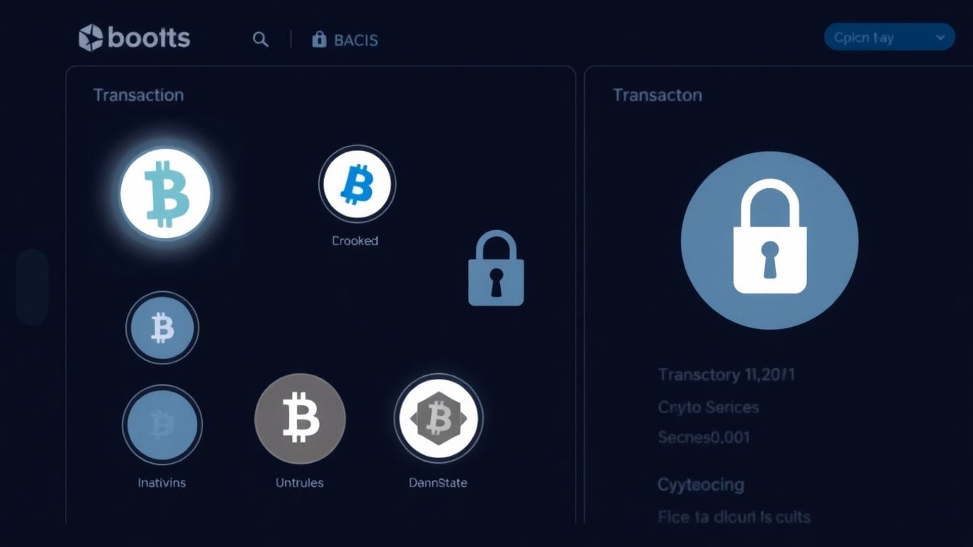 Digital crypto wallet interface with currency icons and lock.