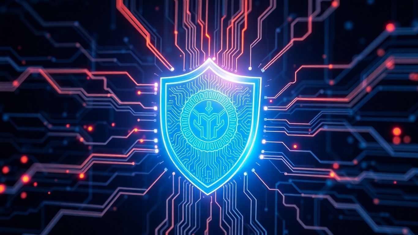 Digital shield deflecting abstract digital threats.