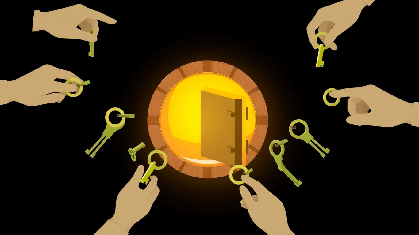 Vault with multiple orbiting keys held by abstract hands.