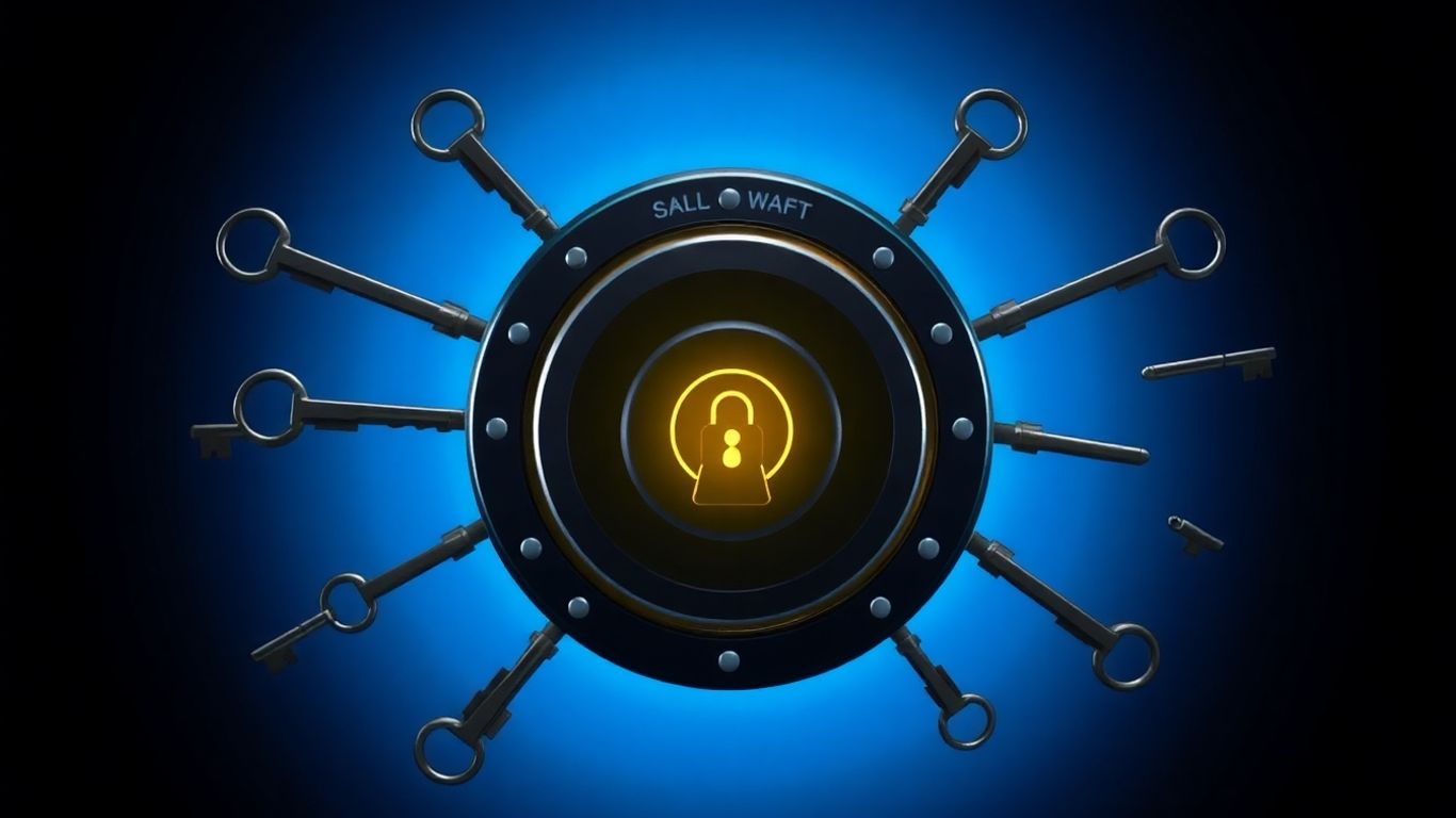 Multiple keys orbiting a secure digital vault.