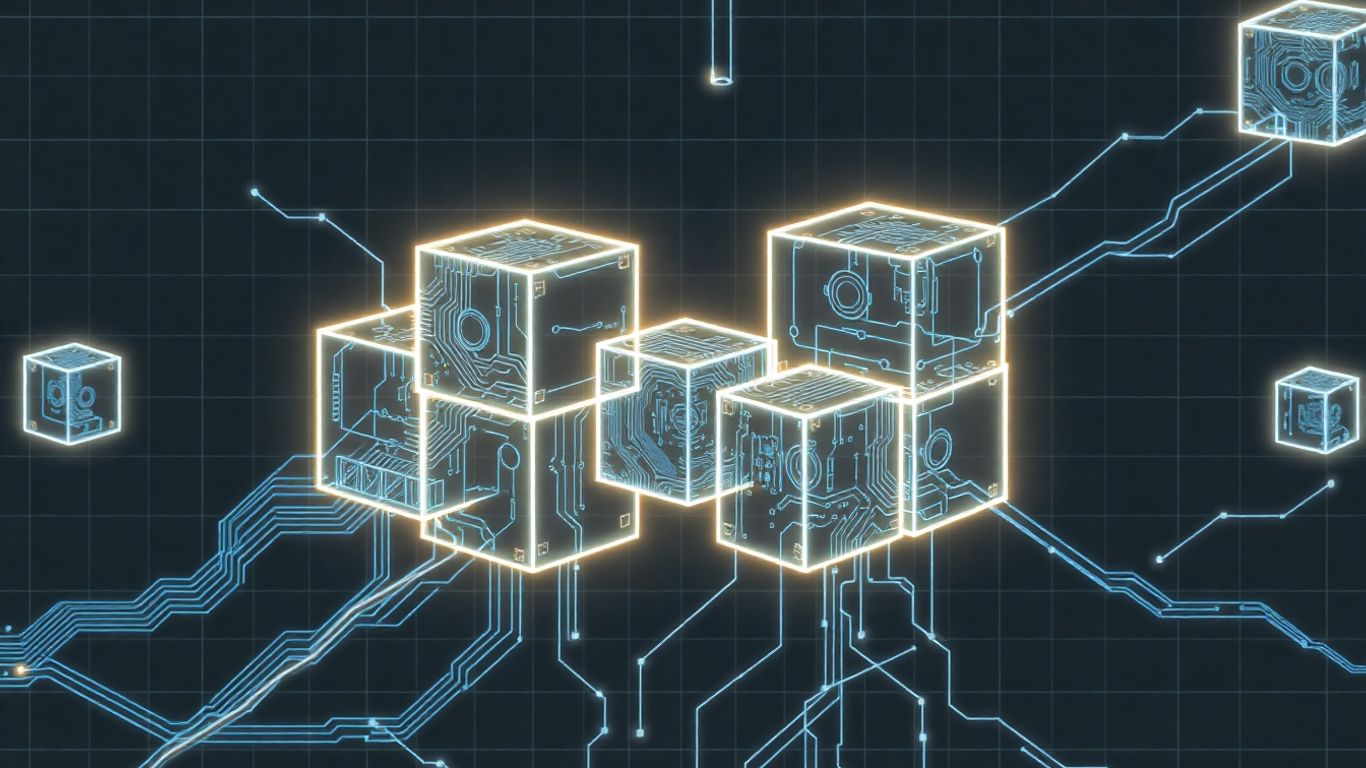 Digital blueprint of interconnected blocks with glowing circuitry.