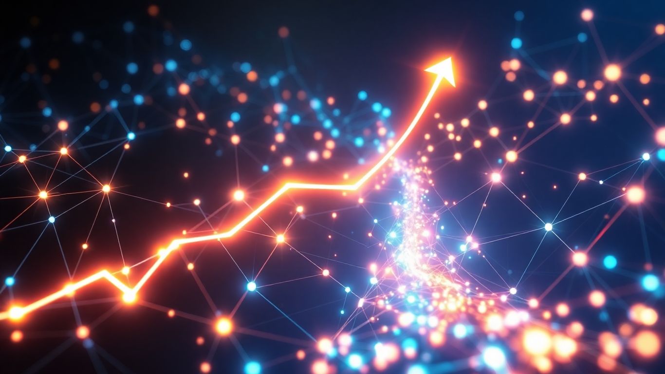 Digital market with glowing nodes and upward momentum.