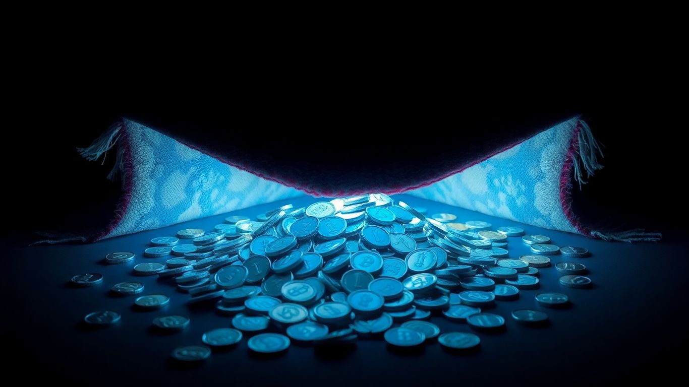 Digital coins scattering as a rug is pulled away.