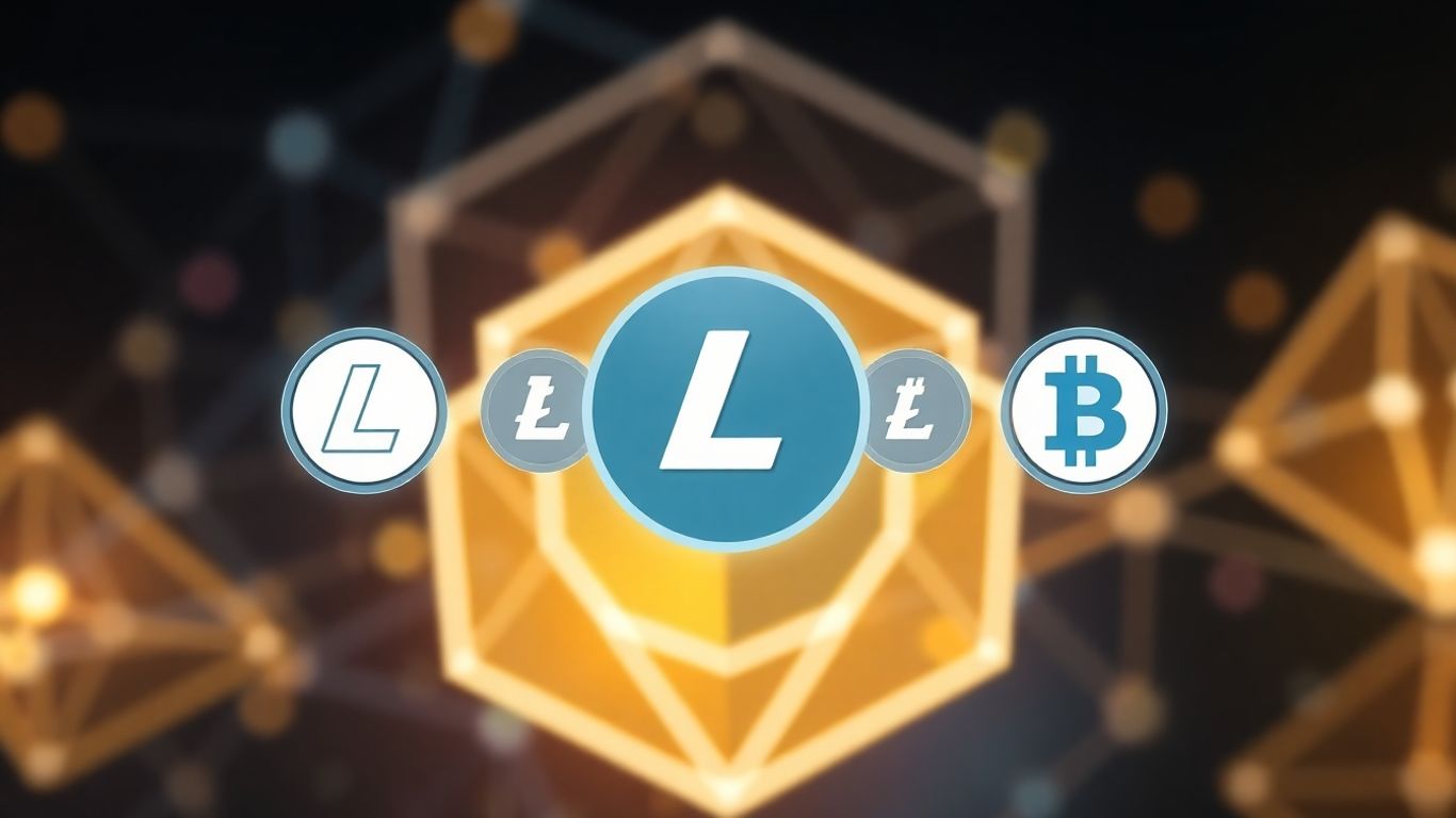 Digital wallet interface with Litecoin symbol and glowing geometric shapes.