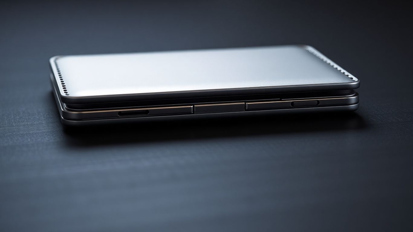 Sleek metallic hardware crypto wallet on dark background.