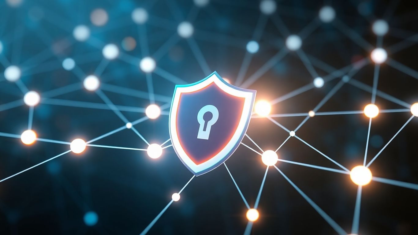 Digital shield protecting blockchain nodes with glowing lines.