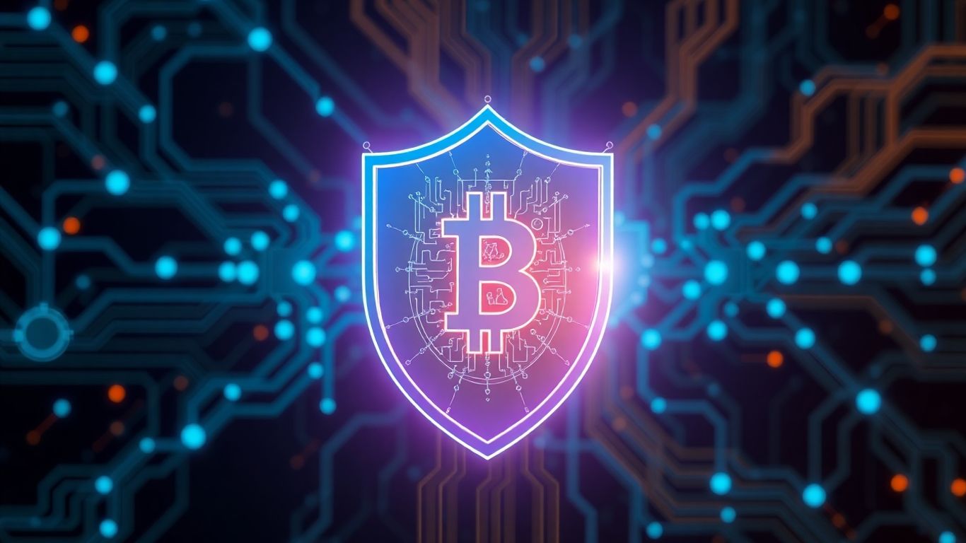 Digital shield protecting blockchain network with intricate circuits.