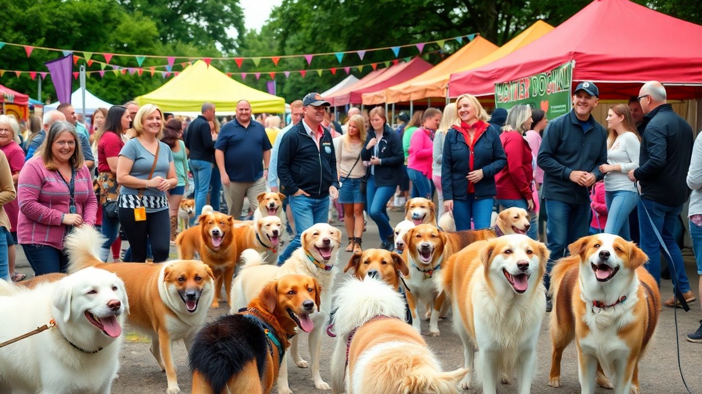 People and dogs enjoying a lively outdoor pet festival.