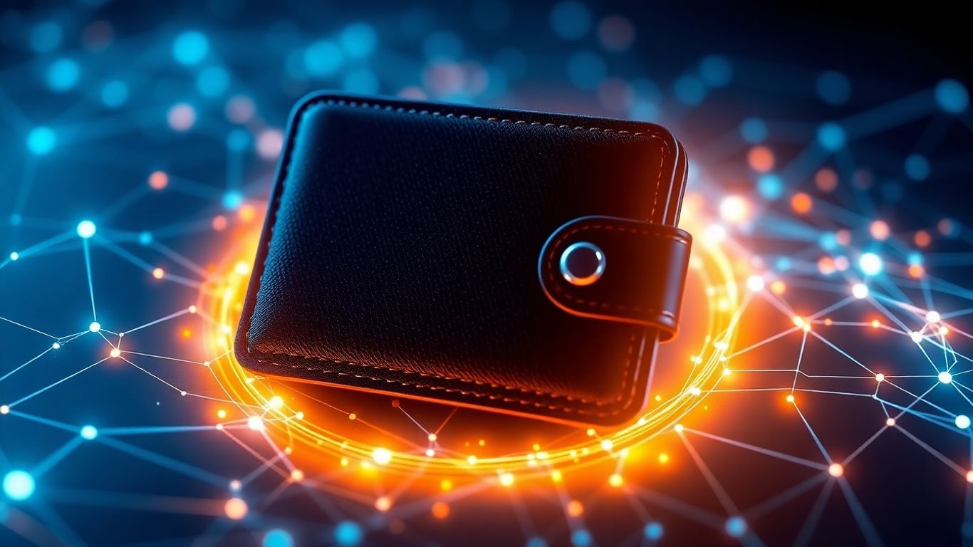 Digital wallet with secure data streams and network pattern.