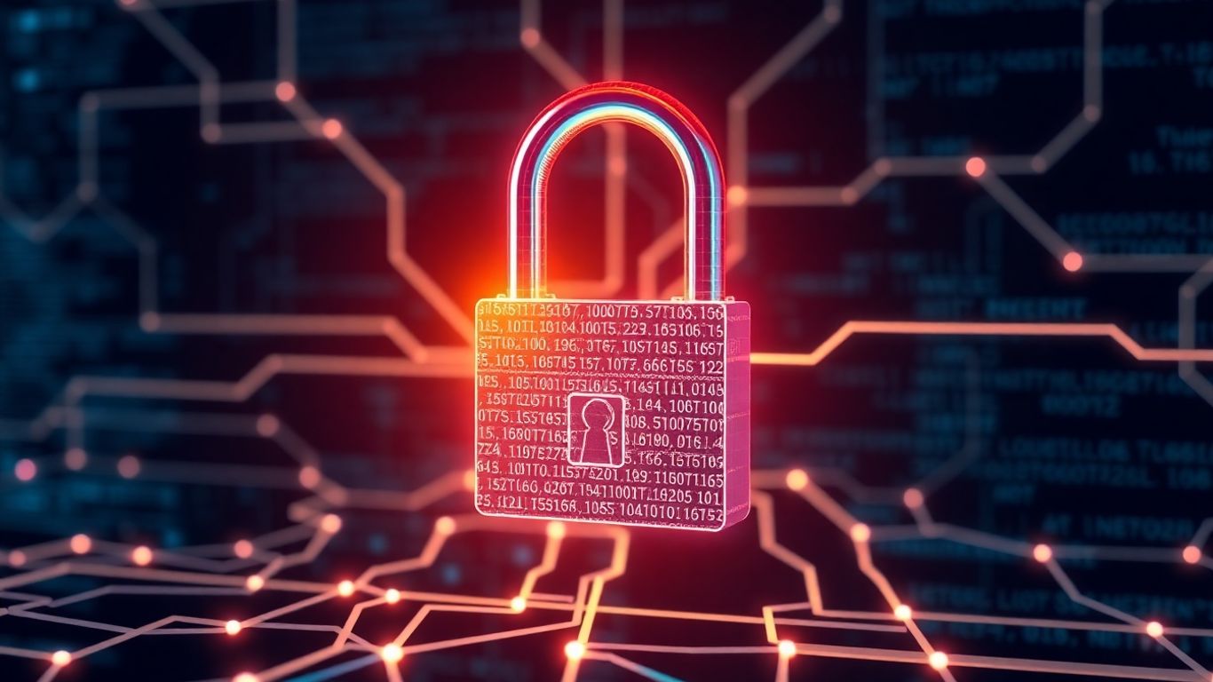 Digital padlock on a blockchain network with flowing code.