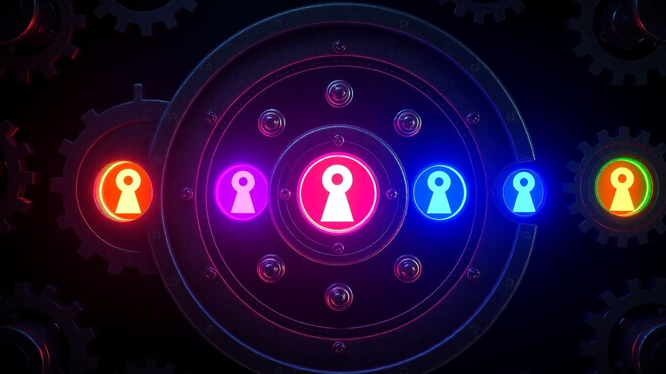Digital vault with multiple glowing keyholes and interlocking gears.