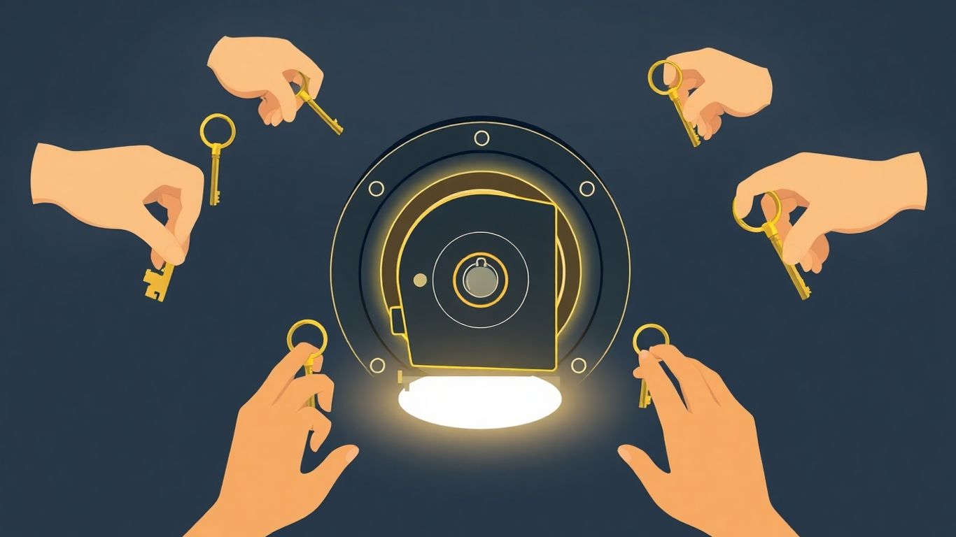 Vault with multiple orbiting keys held by abstract hands.