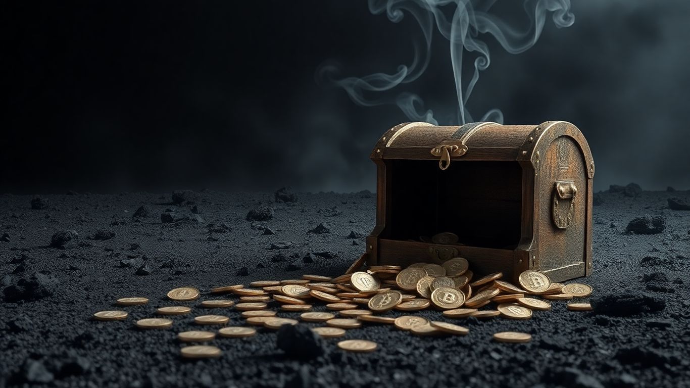 Empty treasure chest with scattered coins on desolate ground.