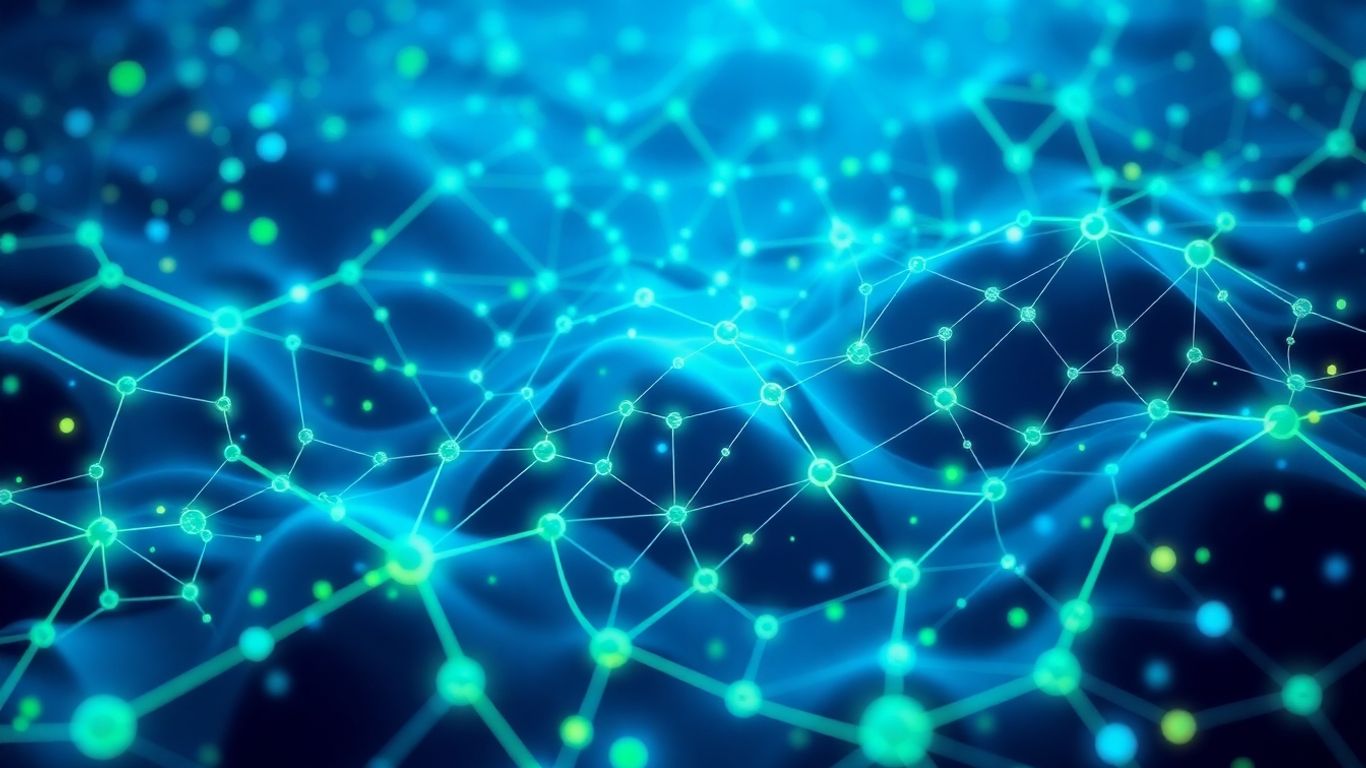 Digital network with glowing nodes and data flow.