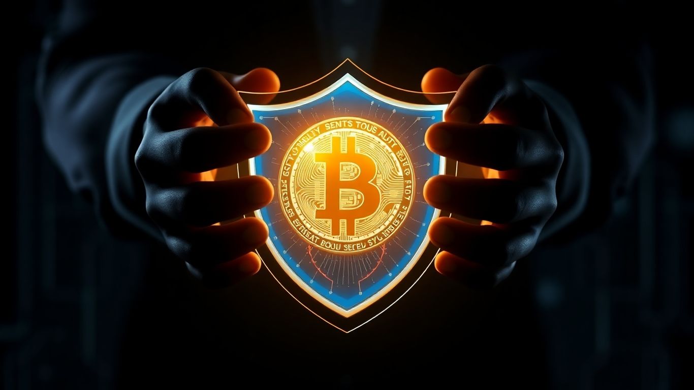 Secure digital shield protecting cryptocurrency coin from dark hands.