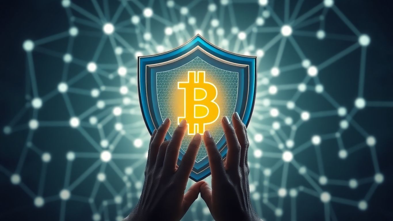 Digital shield guarding cryptocurrency from shadowy hands.