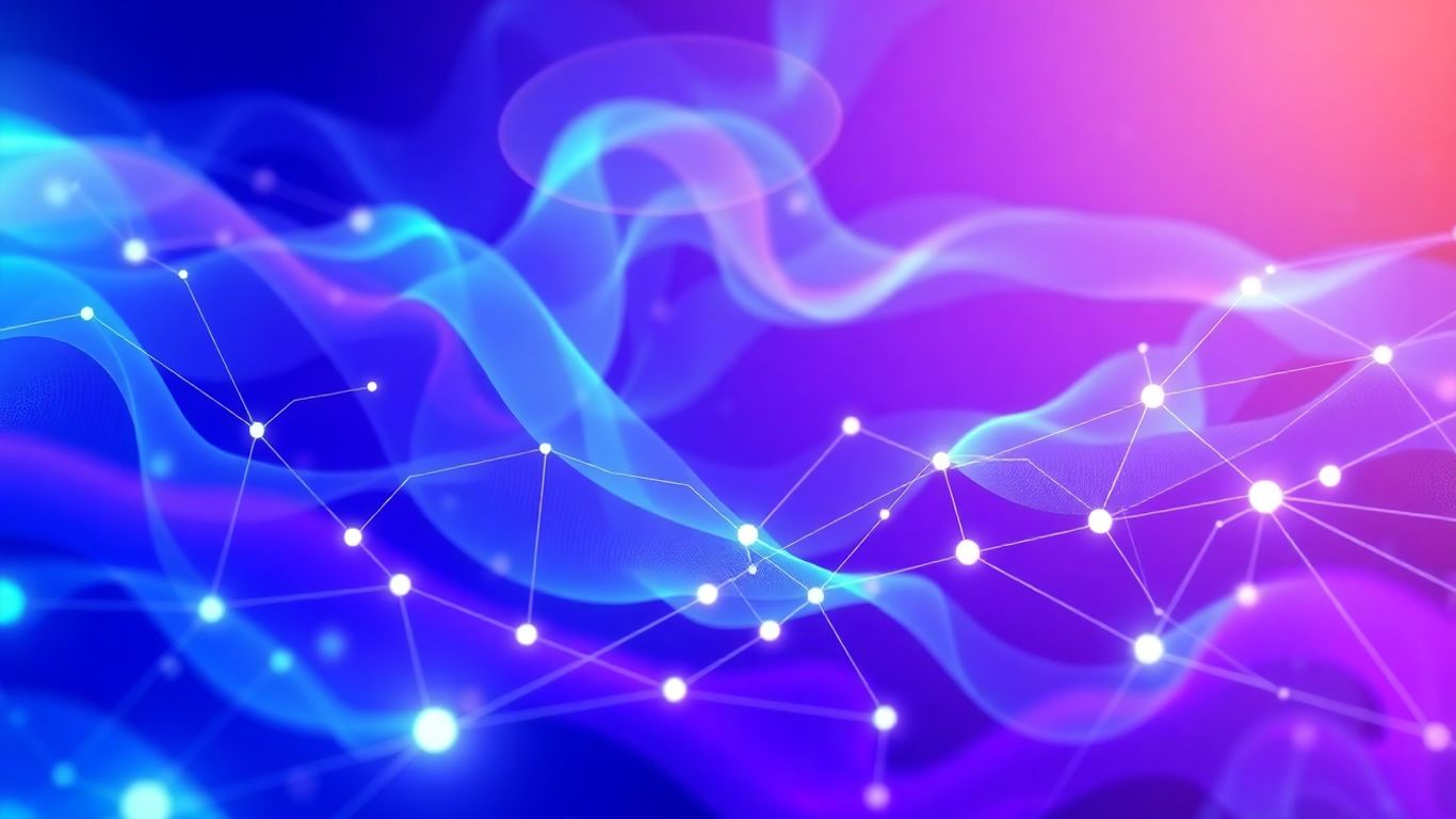 Abstract digital network with glowing blue and purple elements.