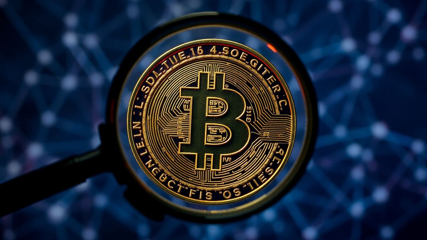 Magnifying glass inspecting a digital coin with visible circuitry.
