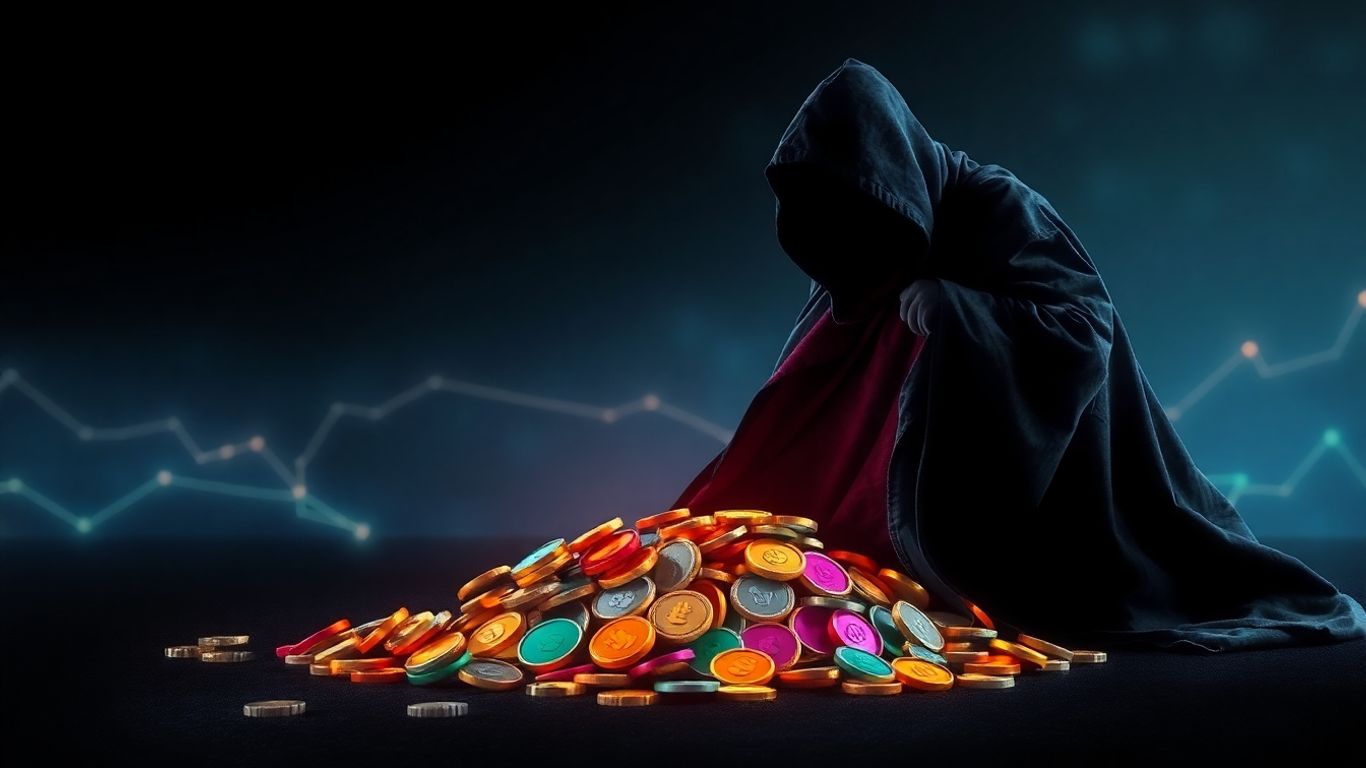 Hooded figure pulls rug from scattering digital coins.