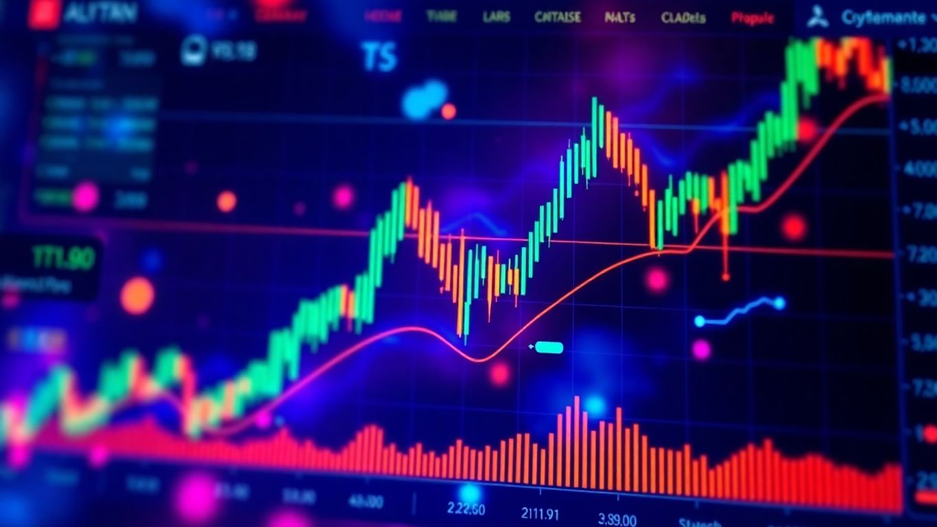 Digital trading interface with abstract shapes and glowing lines.
