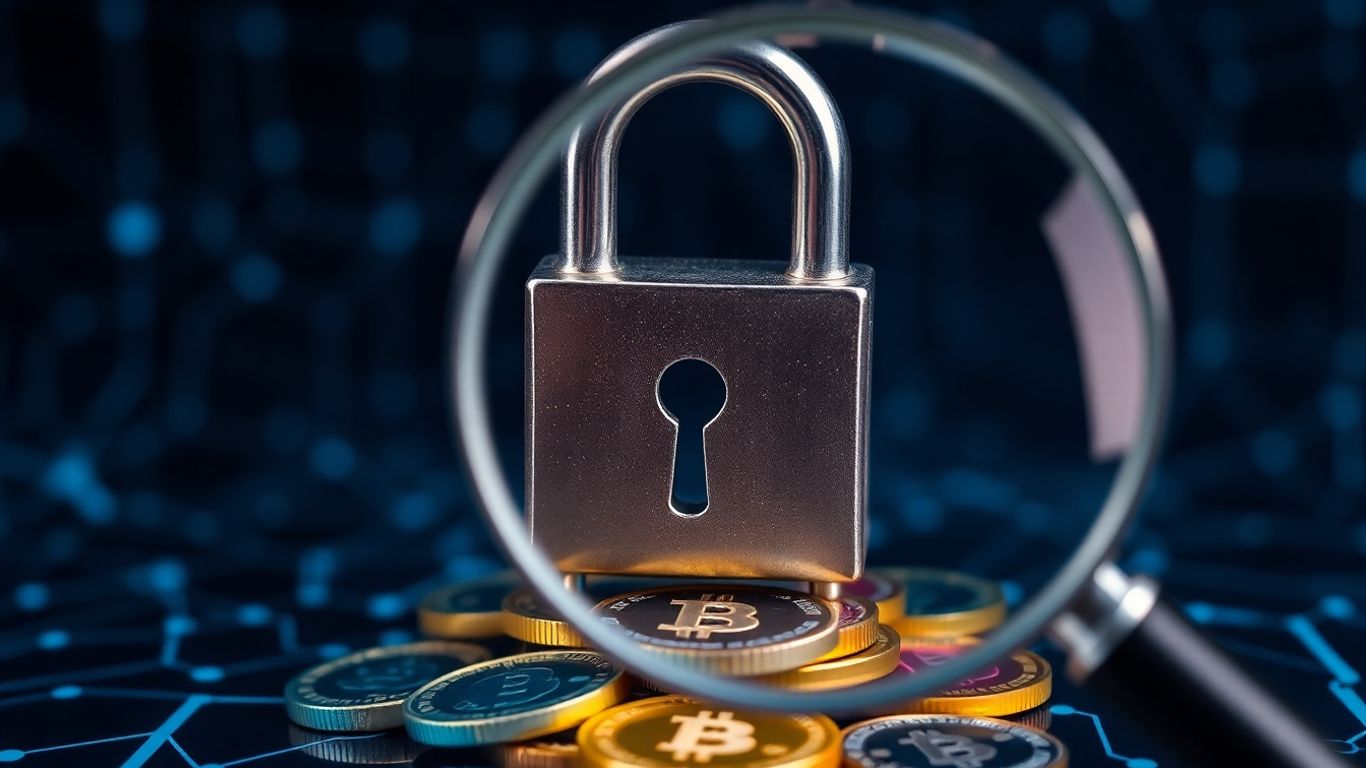Crypto coins secured by padlock with broken chain link.