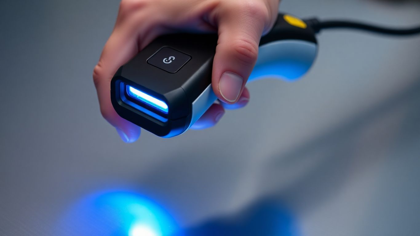 Handheld scanner with blue light beam over metallic surface.