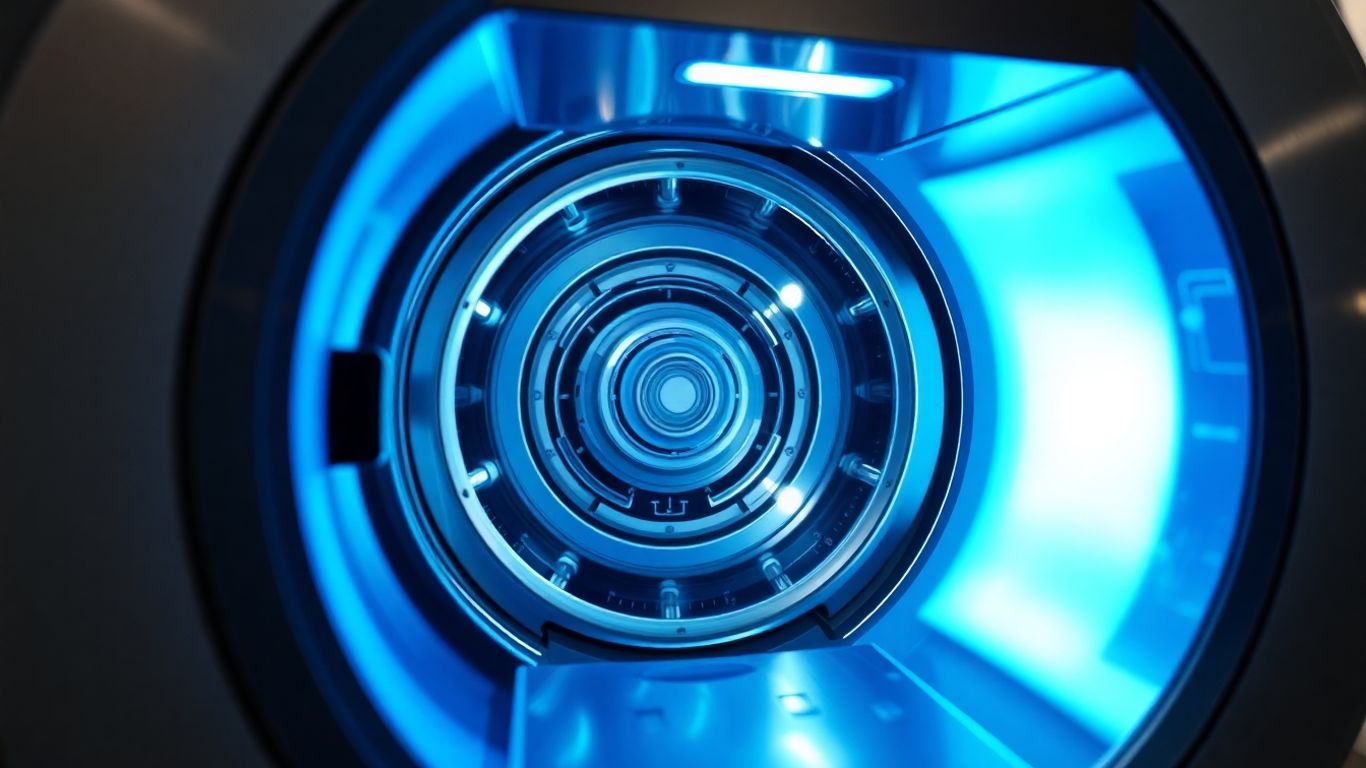 Futuristic scanner with blue light and internal components.