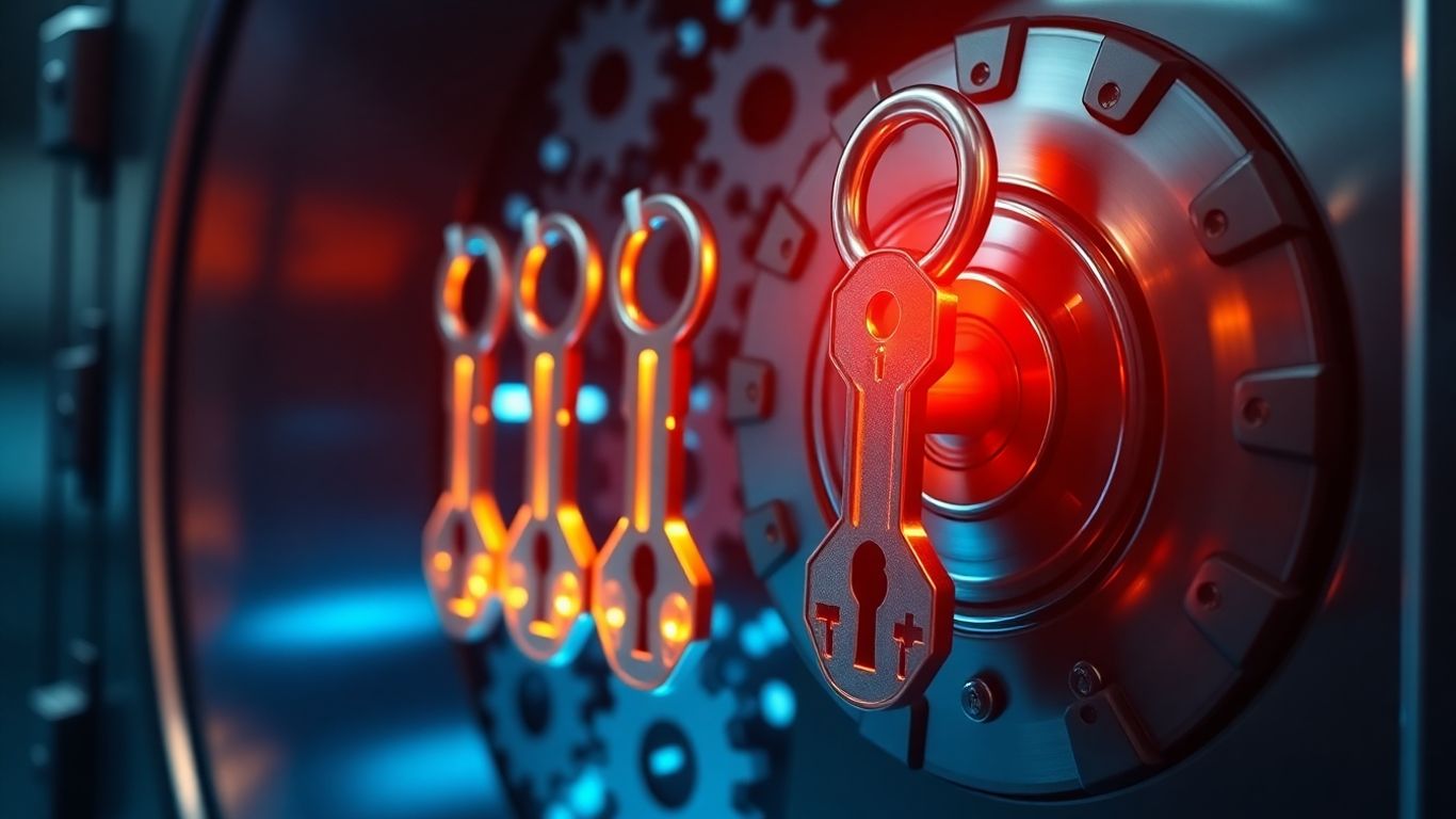 Digital vault with multiple glowing keys and interlocking gears.