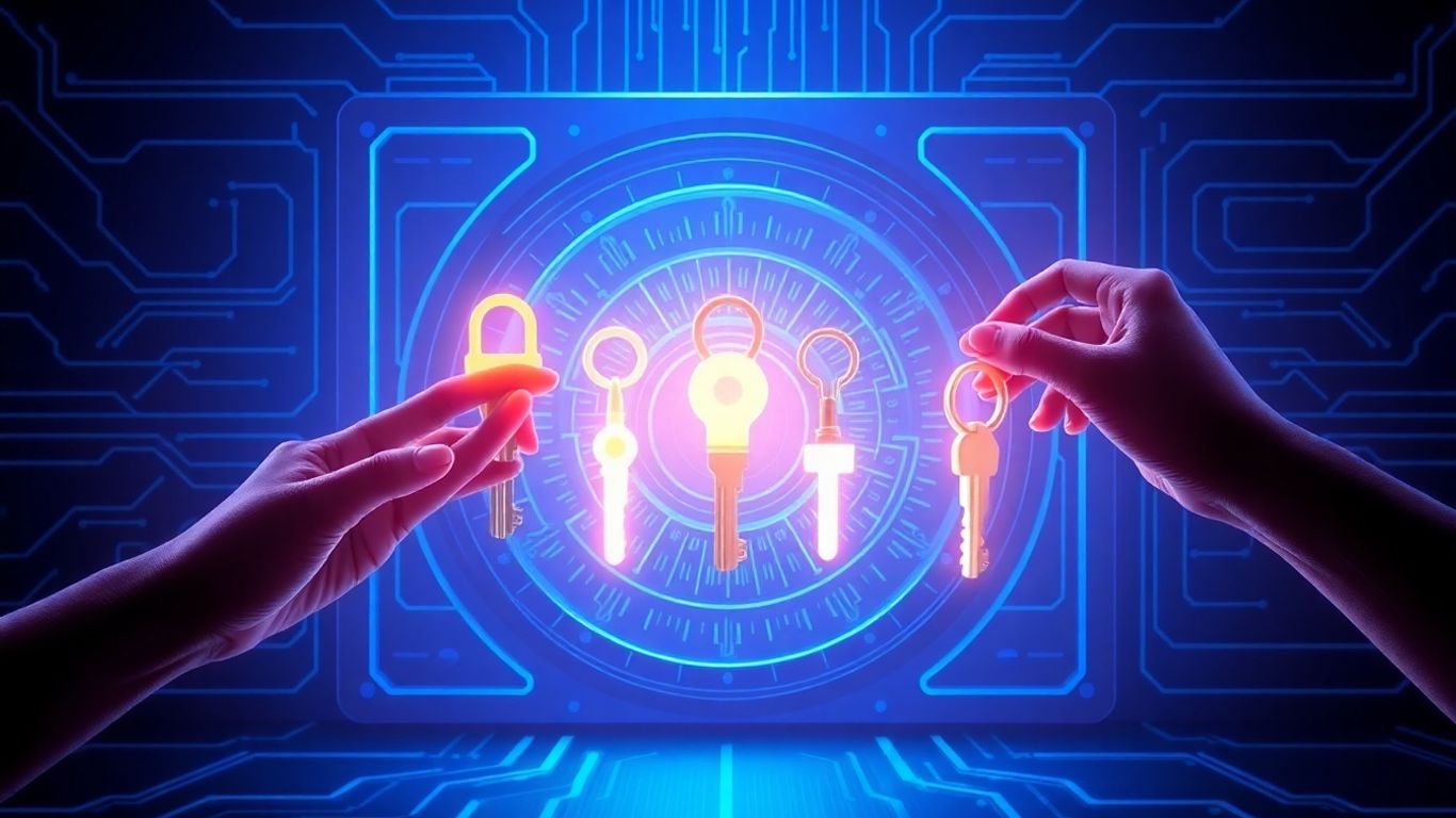 Digital vault with multiple glowing keys and abstract hands.