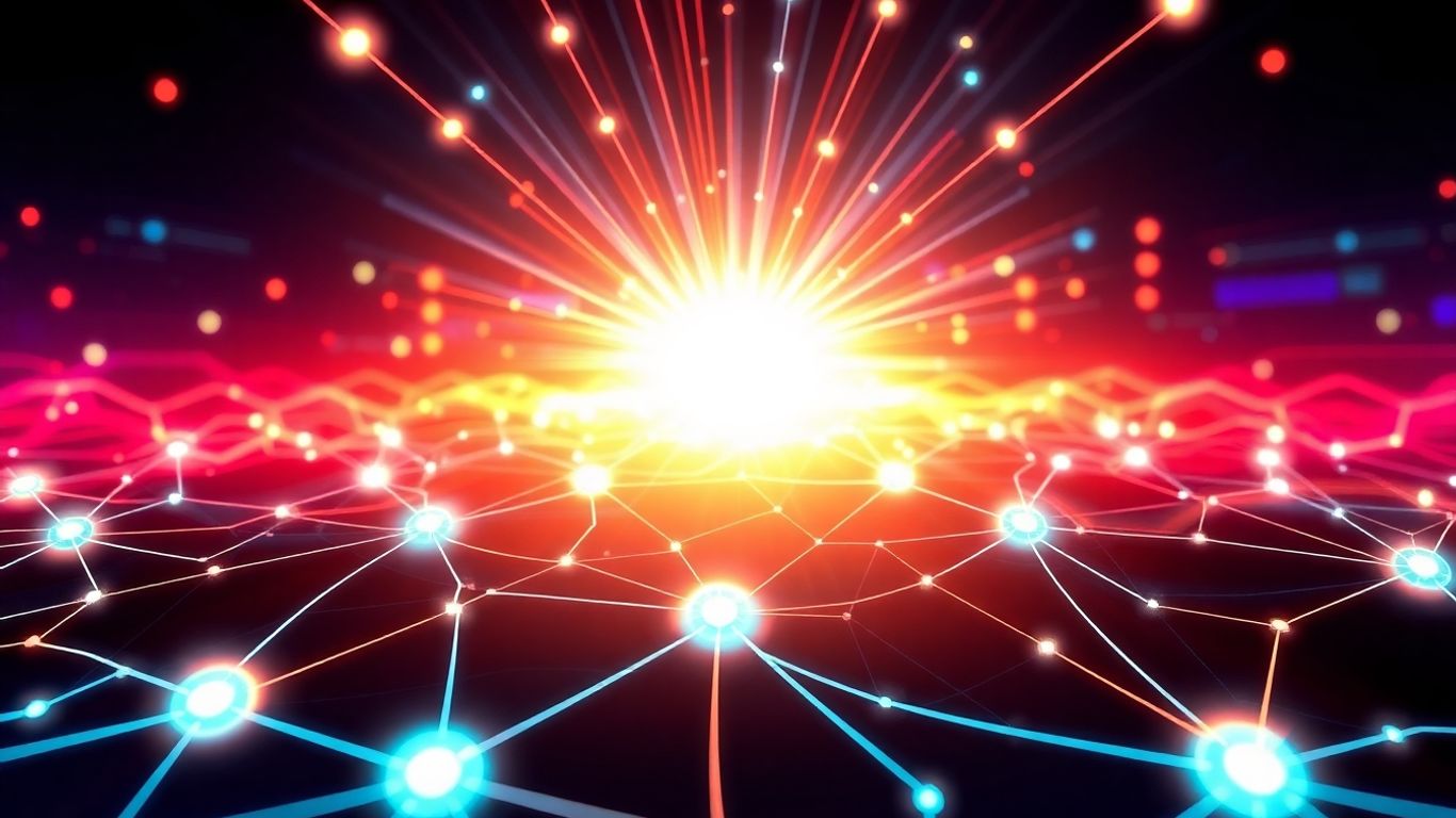 Digital network with glowing connections and sunburst.