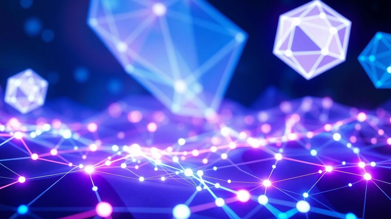 Solana ecosystem network with glowing nodes and abstract shapes.