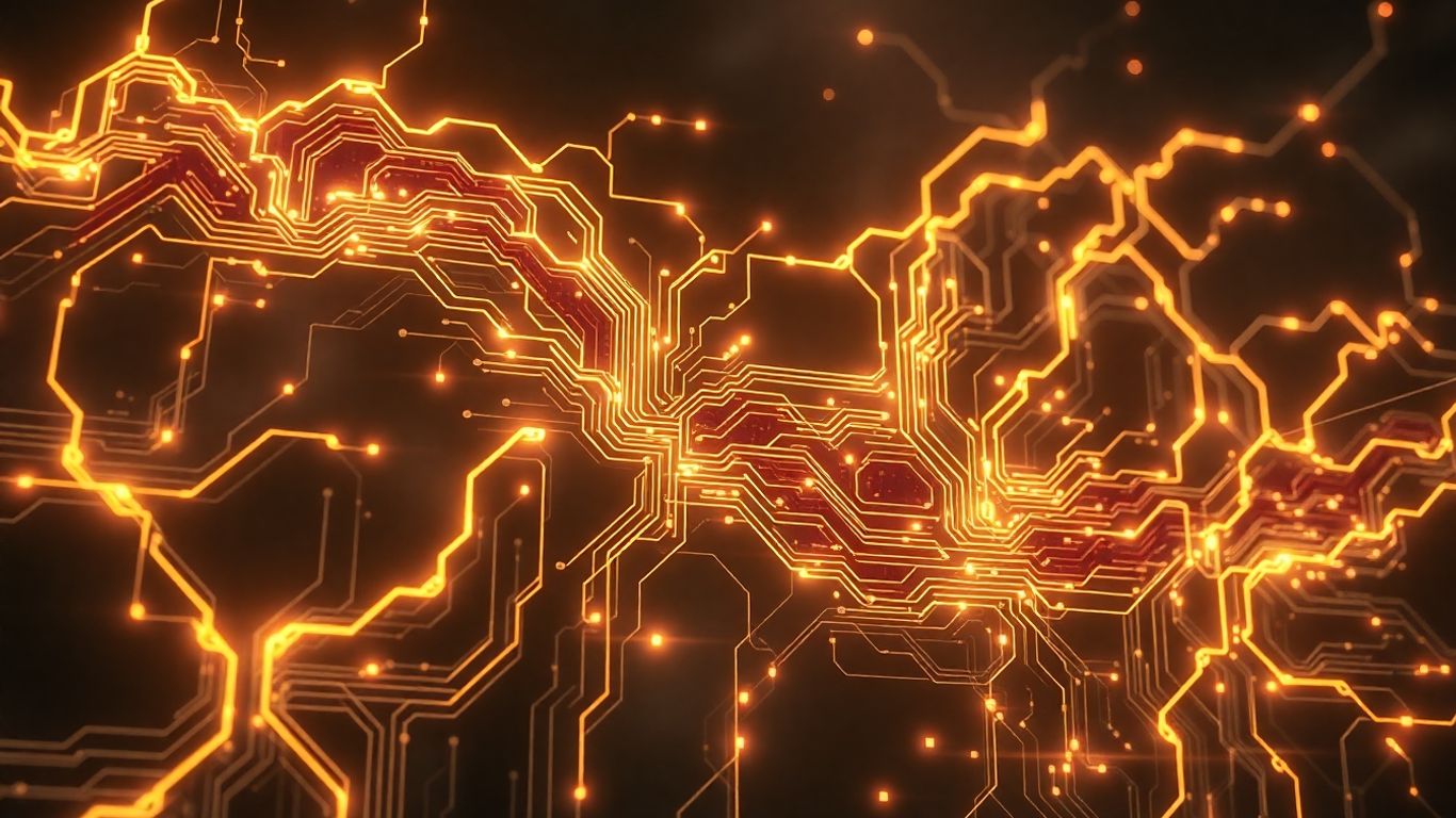 Digital circuits with shadowy tendrils, representing smart contract vulnerabilities.