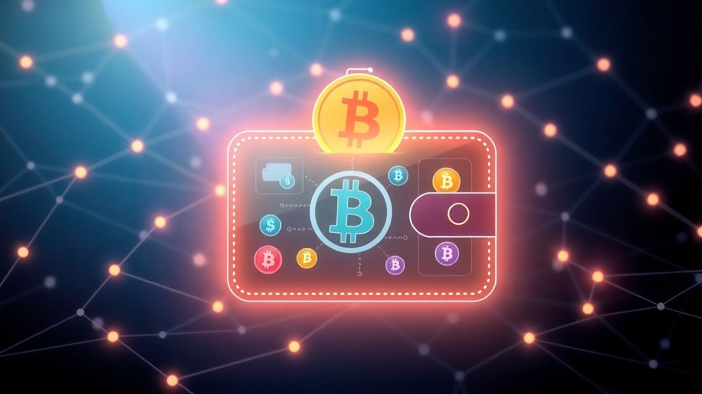 Futuristic crypto wallet interface with glowing icons.