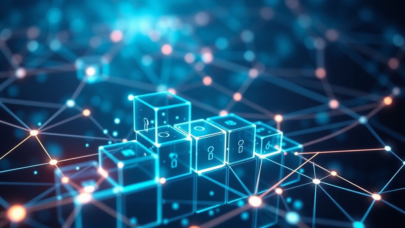 Blockchain ledger with glowing interconnected blocks and network lines.